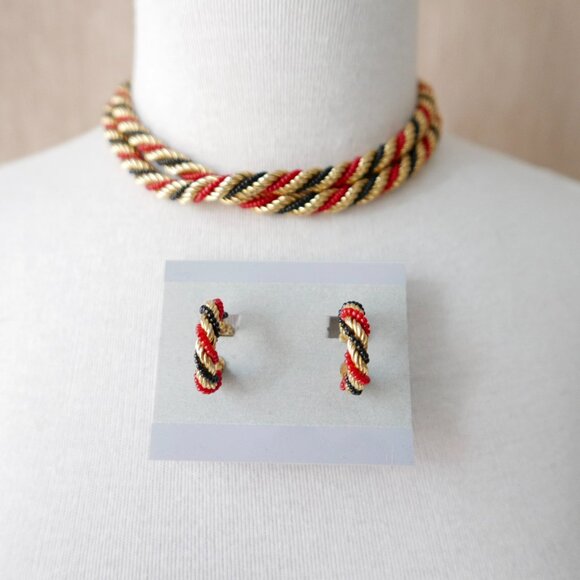 Vintage Red Black & Gold-Tone Rope Necklace & Earrings - Picture 4 of 9